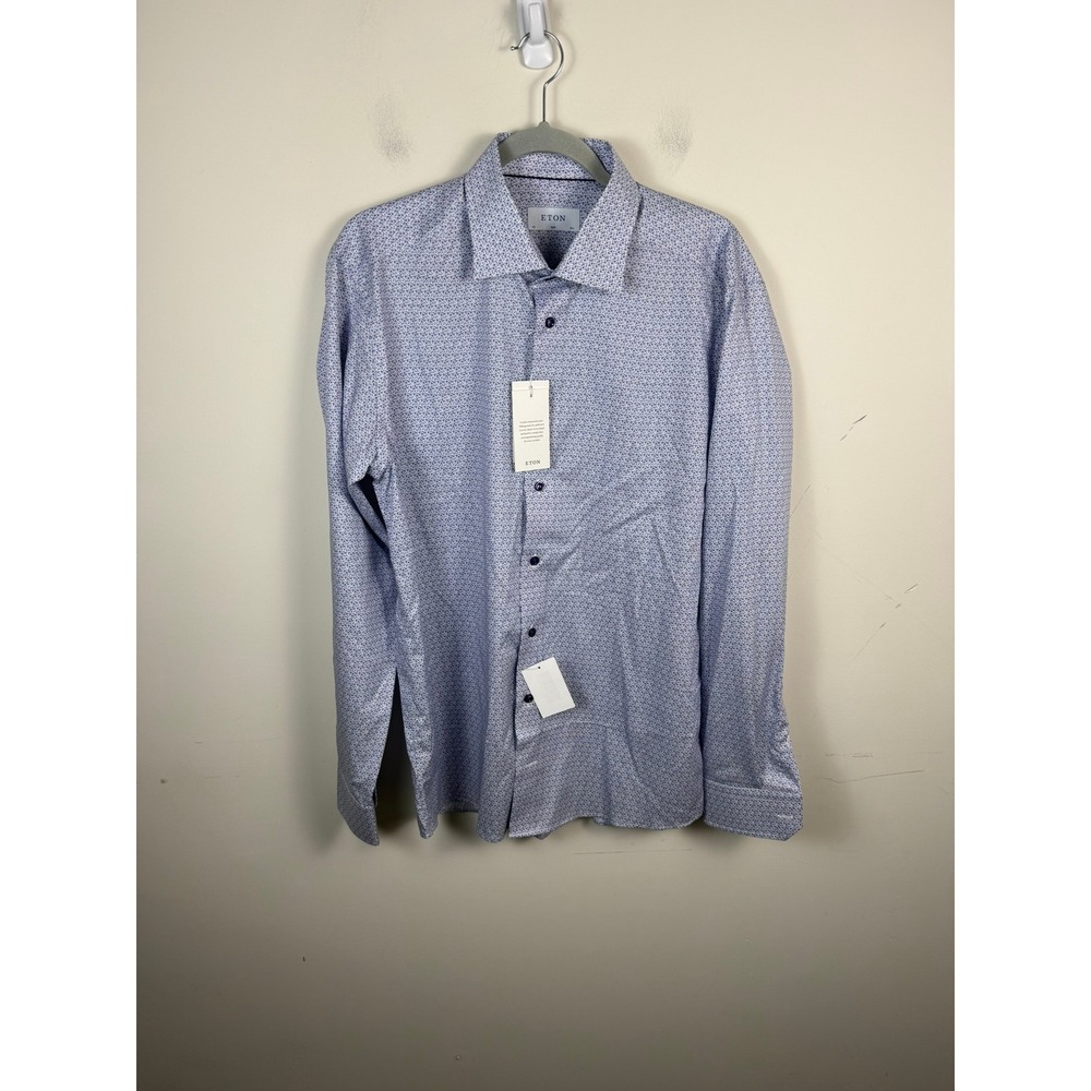 Eton Mens Slim Fit Blue White Micro Floral Print Dress Shirt 16.5 42 NWT
